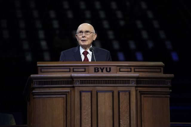 President Dallin H. Oaks of the First Presidency of The Church of Jesus Christ of Latter-day Saints speaks to students in the Marriott Center at Brigham Young University on October 27, 2020.